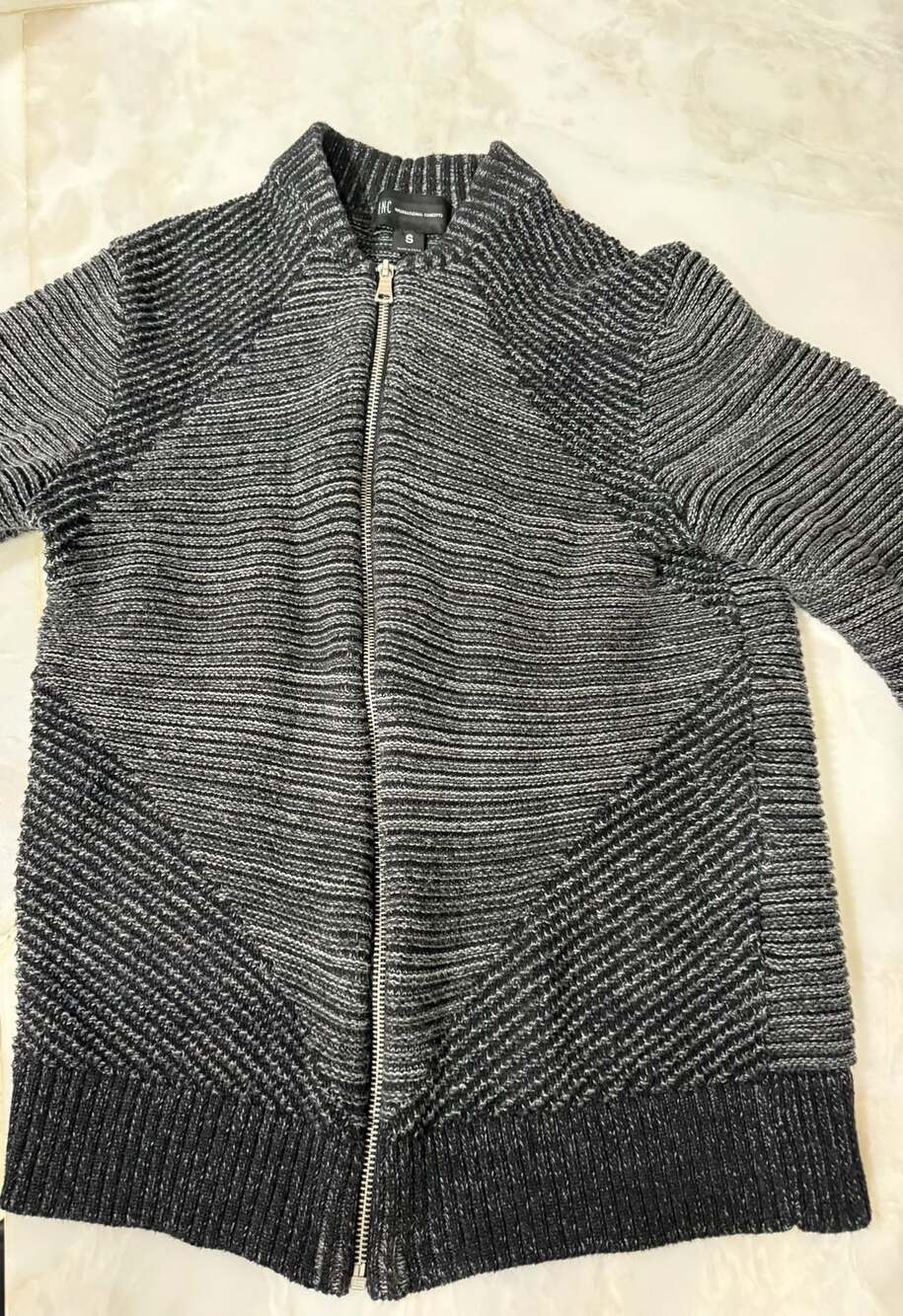 INC International Concepts Zip Cardigan Size S Grey Black Knit Sweater